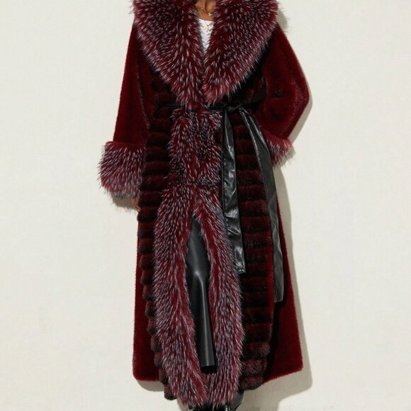 Burgundy Casual Slim Fit Women's Faux Fur Coat - Picture 6 of 7